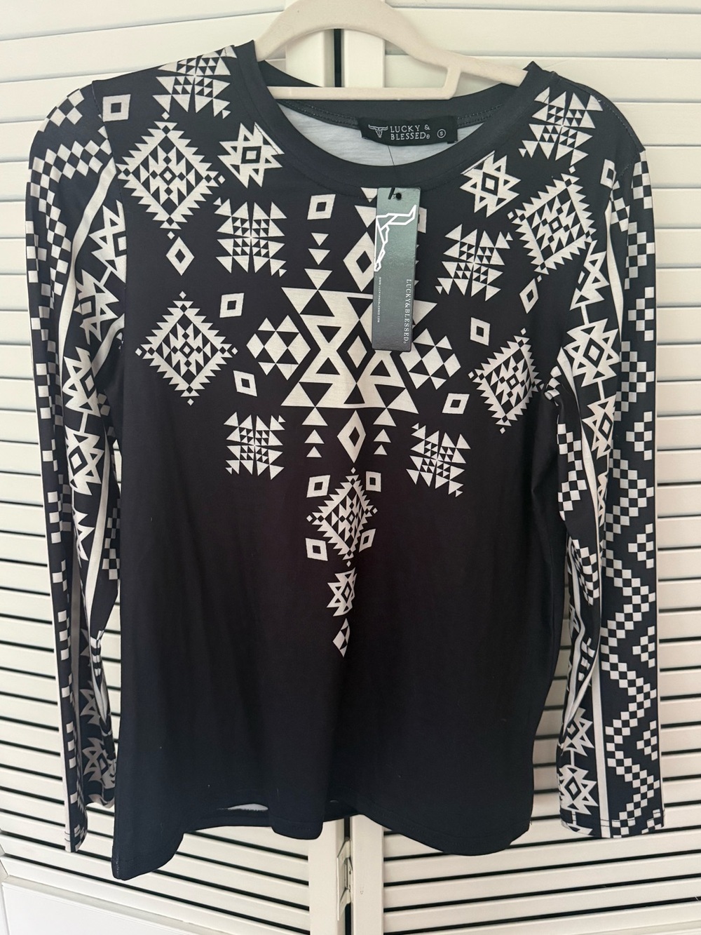 Lucky & Blessed Black and White Aztec-Print Long Sleeve Tee